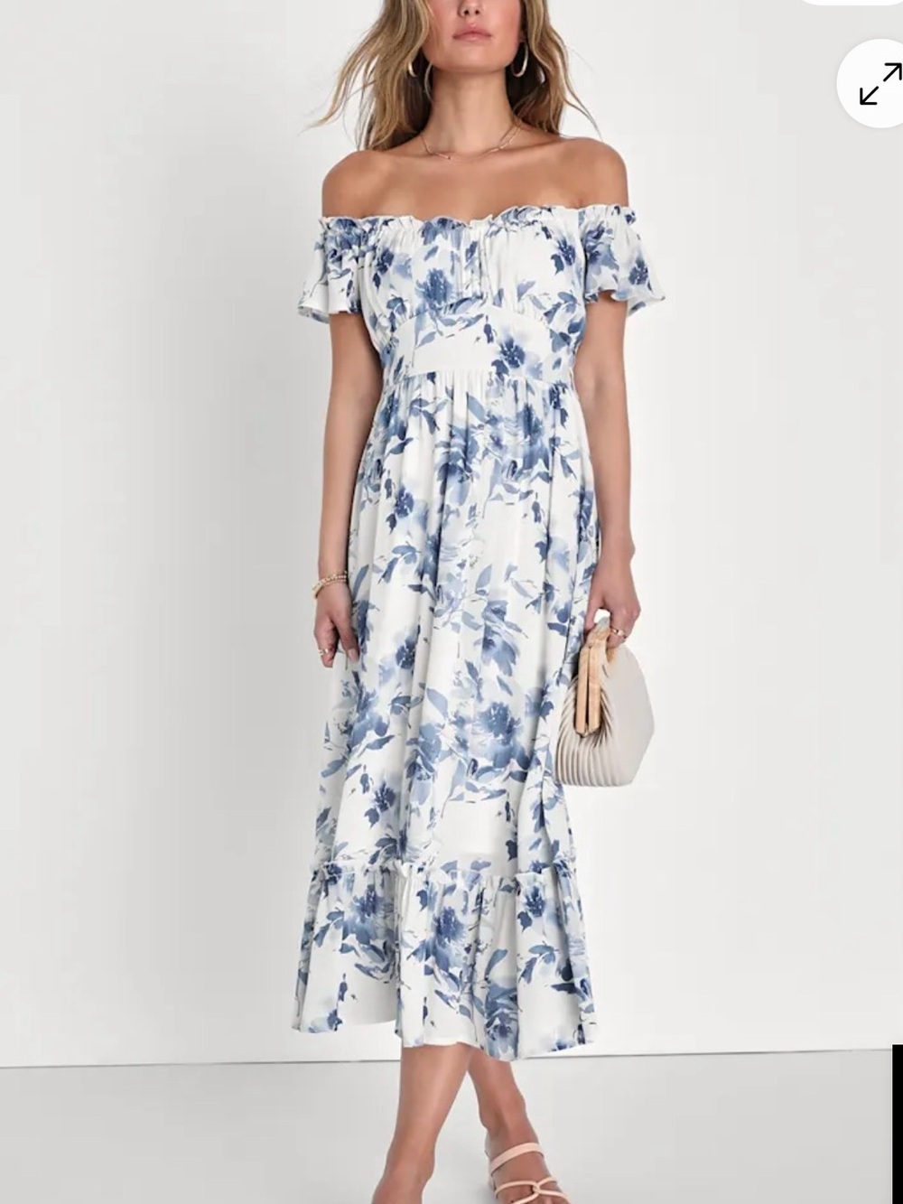 Lulu's White Off-Shoulder Maxi Dress with Blue Floral Print